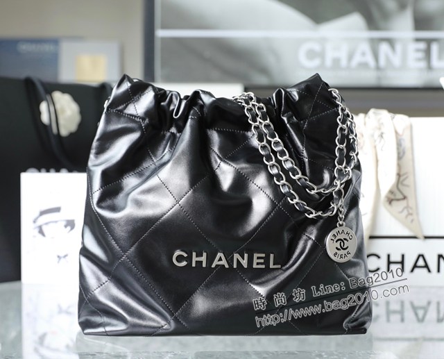 Chanel專櫃新款火爆小號22bag包購物袋 香奈兒收納袋黑色銀扣原廠小羊皮鏈條肩背手袋手提袋 djc5263